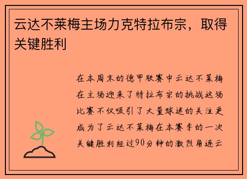 云达不莱梅主场力克特拉布宗，取得关键胜利